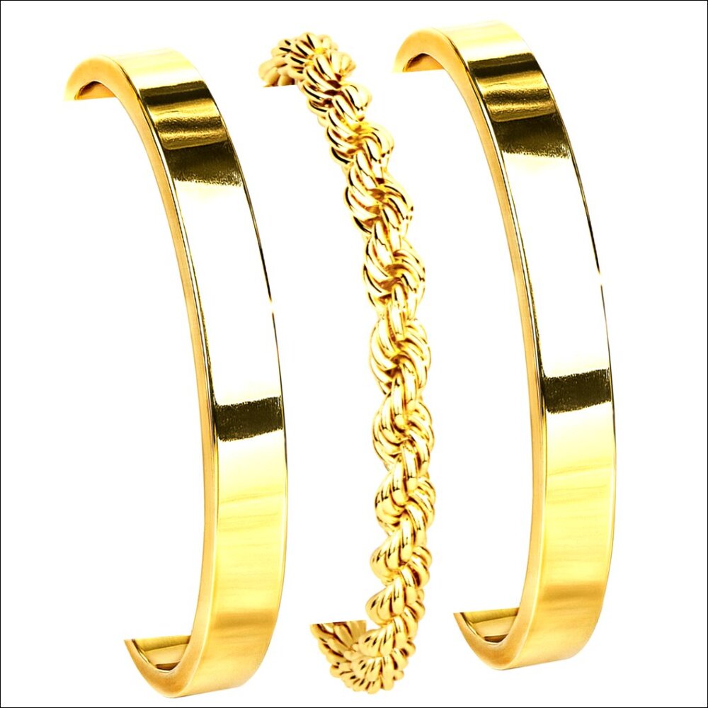 14K Gold Plated Bangle Bracelets Set, Adjustable Cuff, Waterproof